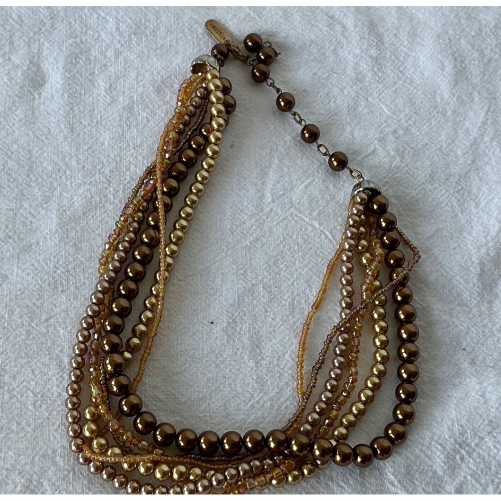 Kissaka Multi Strand Beaded Statement Necklace Bronze Gold Faux‎ Pearl 19 Inch